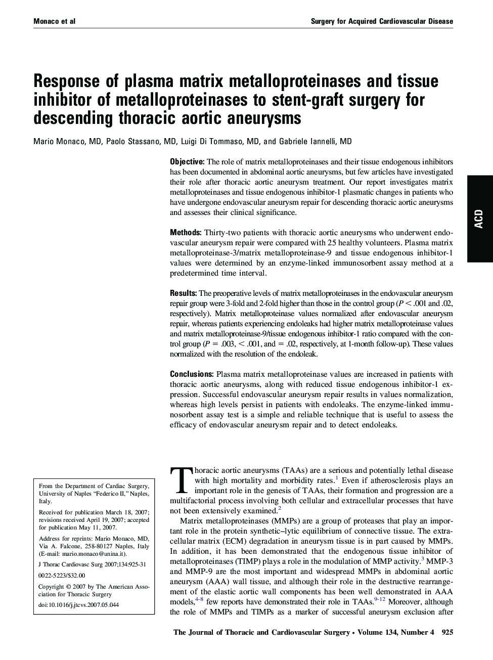 Response of plasma matrix metalloproteinases and tissue inhibitor of metalloproteinases to stent-graft surgery for descending thoracic aortic aneurysms
