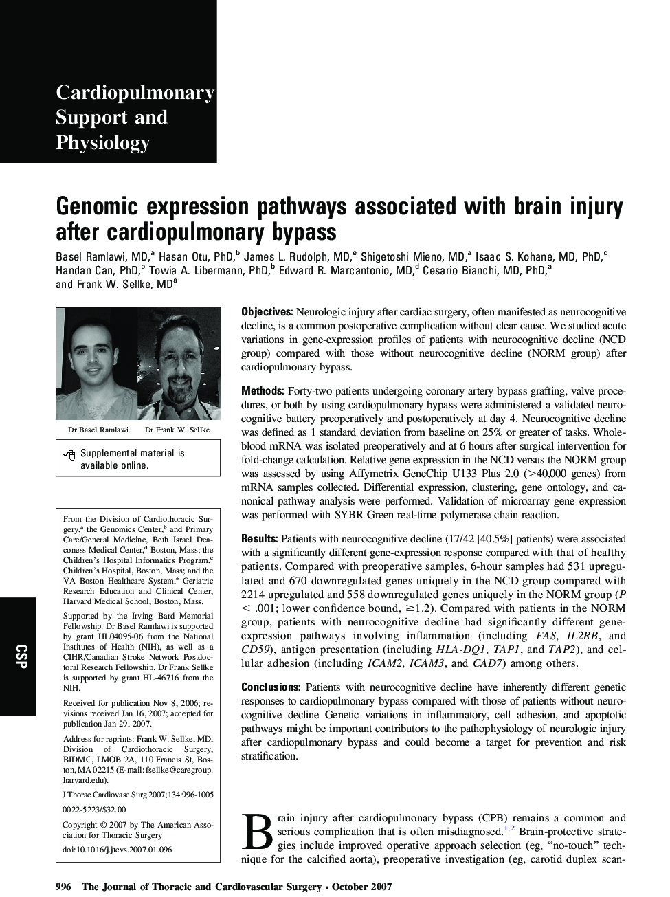 Genomic expression pathways associated with brain injury after cardiopulmonary bypass