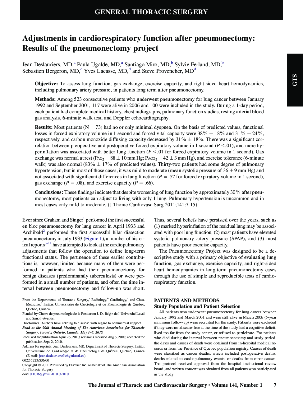 Adjustments in cardiorespiratory function after pneumonectomy: Results of the pneumonectomy project 