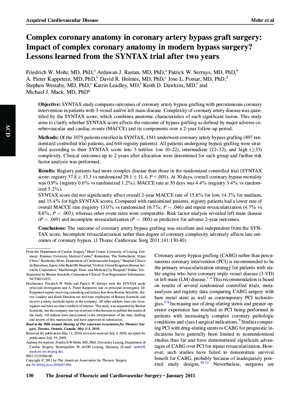 Complex coronary anatomy in coronary artery bypass graft surgery: Impact of complex coronary anatomy in modern bypass surgery? Lessons learned from the SYNTAX trial after two years 