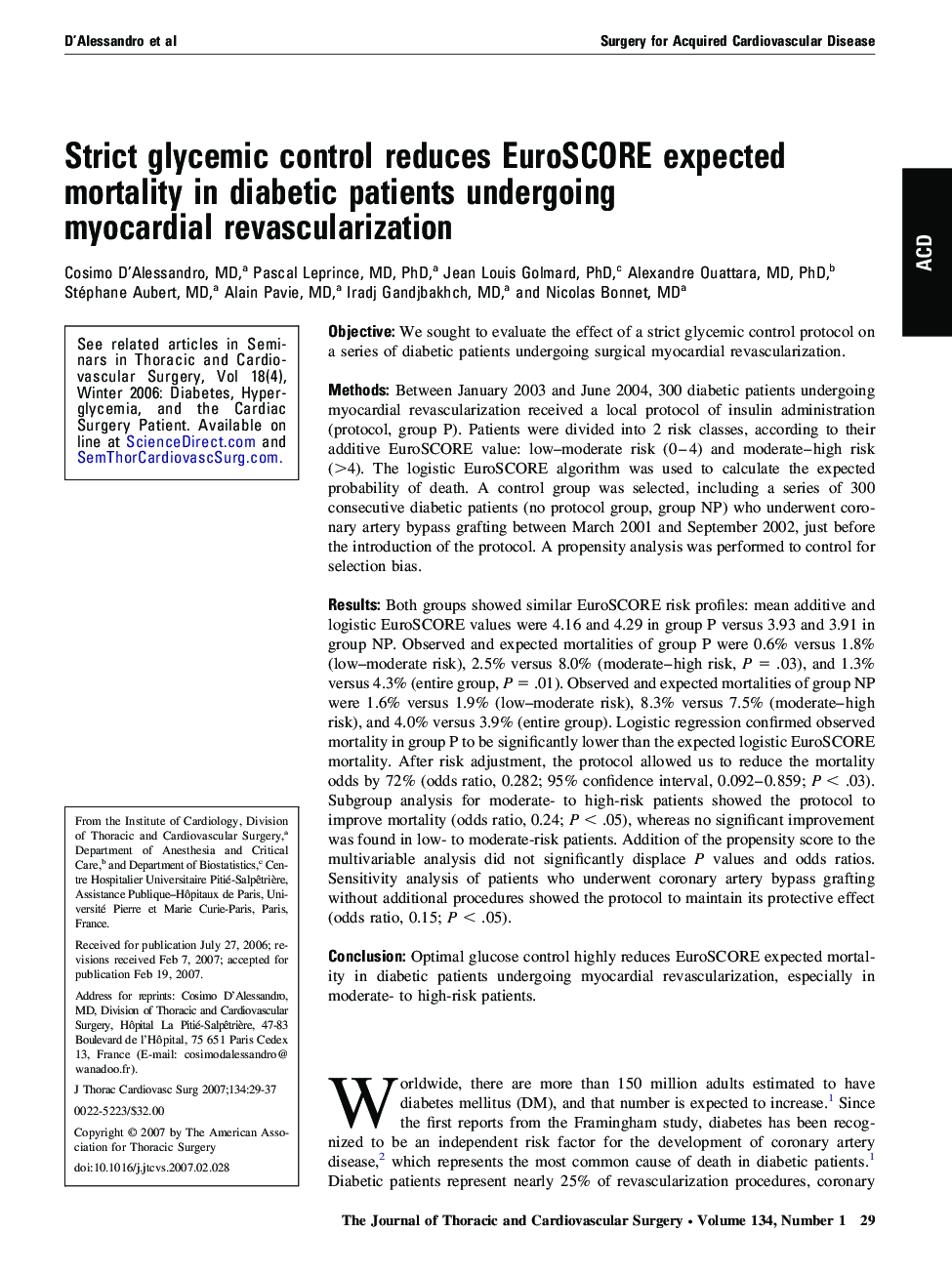 Strict glycemic control reduces EuroSCORE expected mortality in diabetic patients undergoing myocardial revascularization