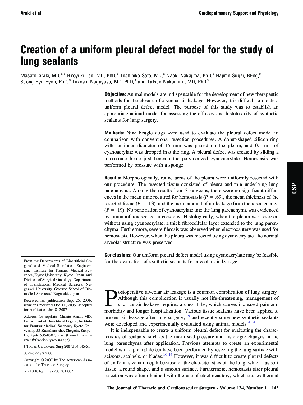 Creation of a uniform pleural defect model for the study of lung sealants
