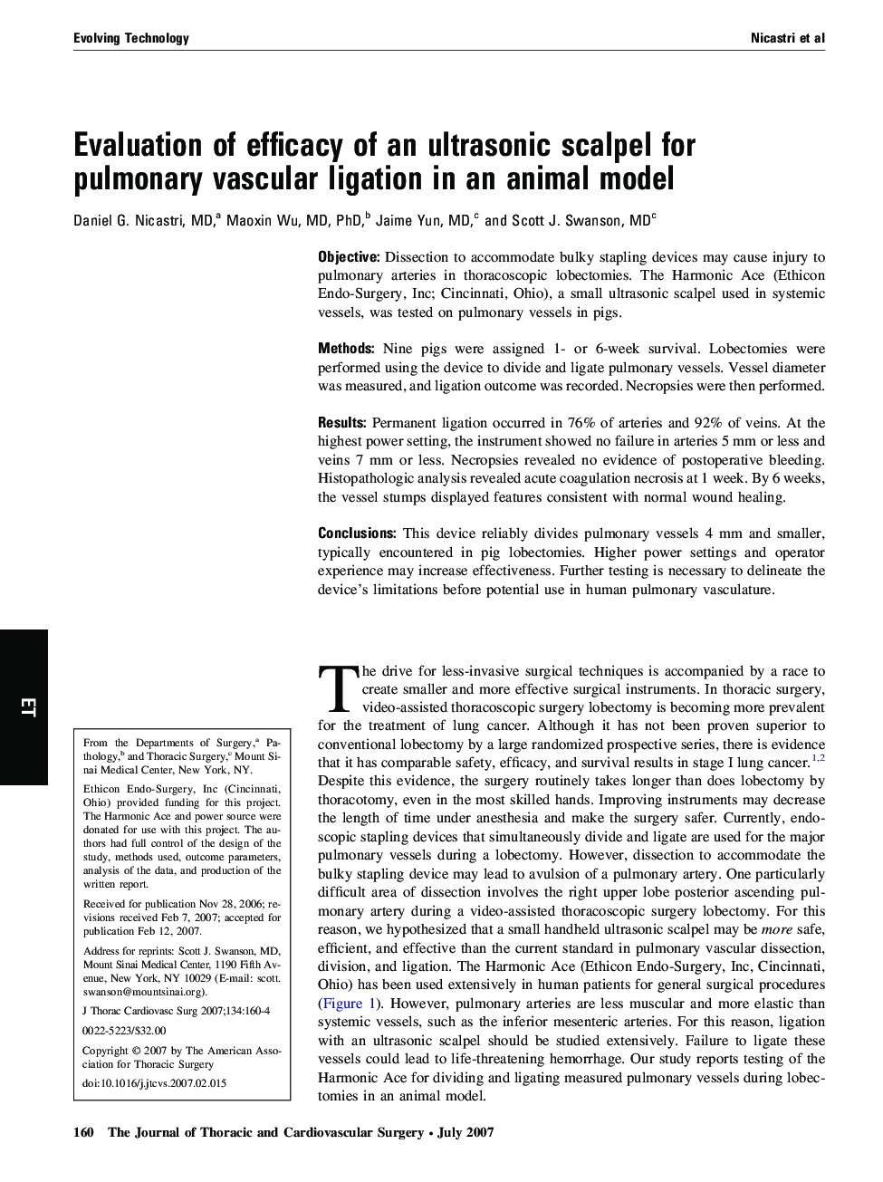 Evaluation of efficacy of an ultrasonic scalpel for pulmonary vascular ligation in an animal model 