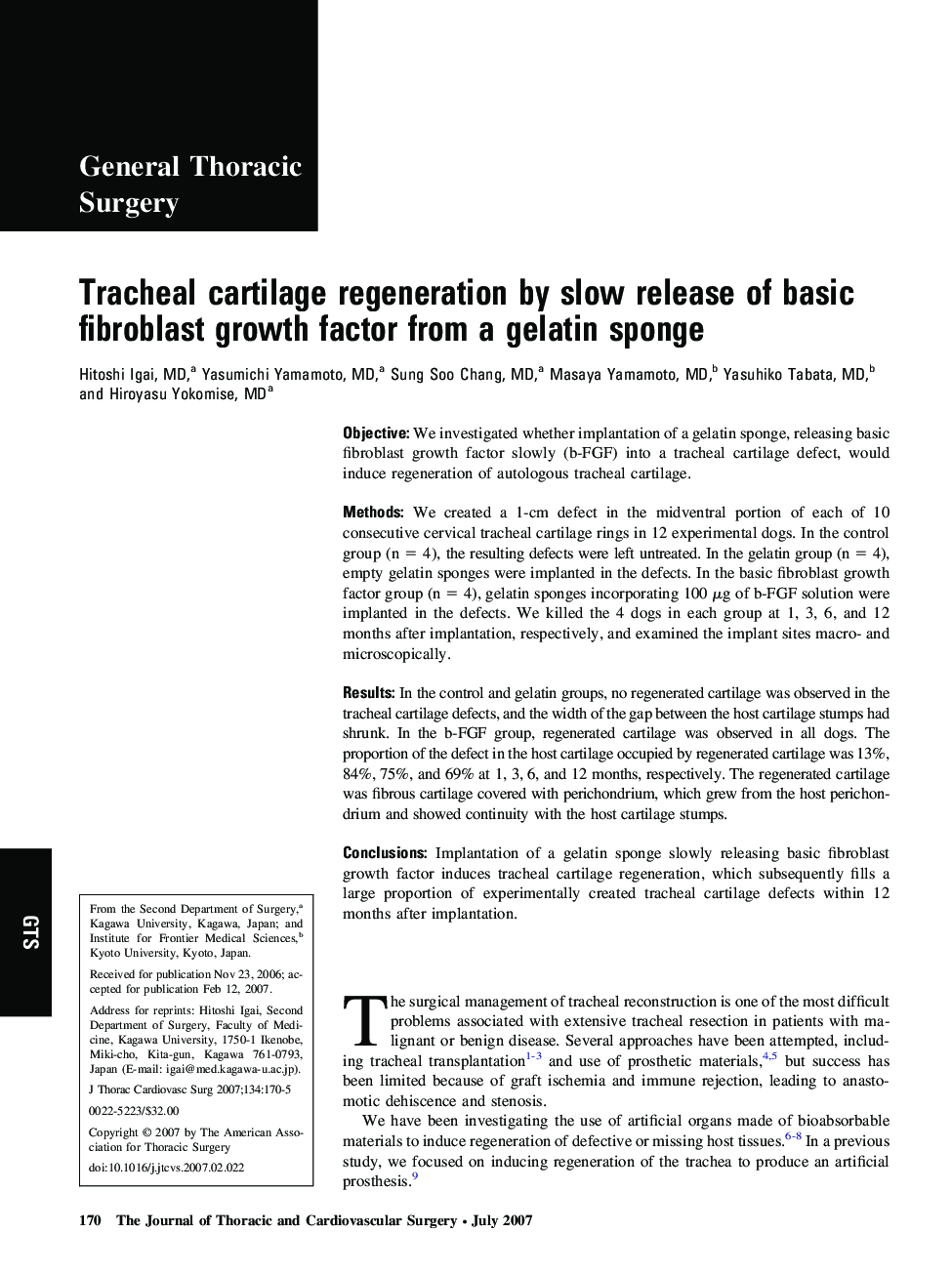 Tracheal cartilage regeneration by slow release of basic fibroblast growth factor from a gelatin sponge