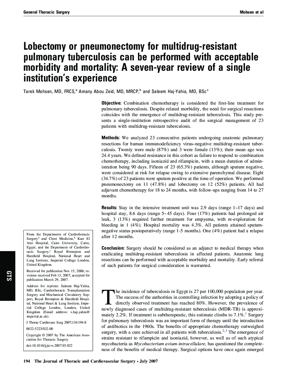 Lobectomy or pneumonectomy for multidrug-resistant pulmonary tuberculosis can be performed with acceptable morbidity and mortality: A seven-year review of a single institution’s experience