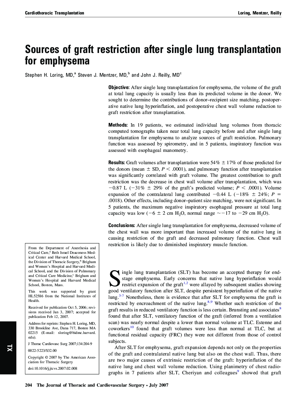 Sources of graft restriction after single lung transplantation for emphysema 