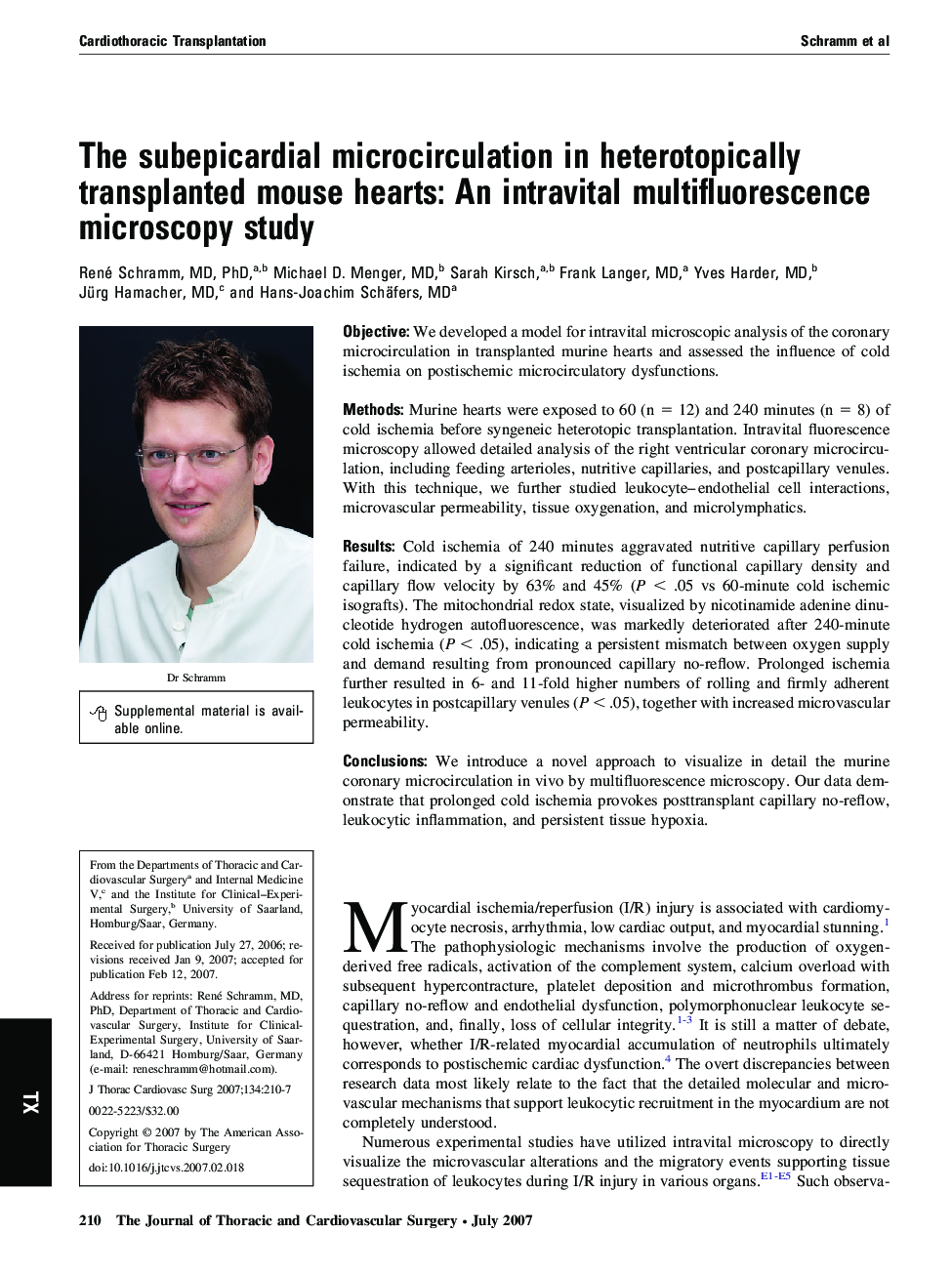 The subepicardial microcirculation in heterotopically transplanted mouse hearts: An intravital multifluorescence microscopy study