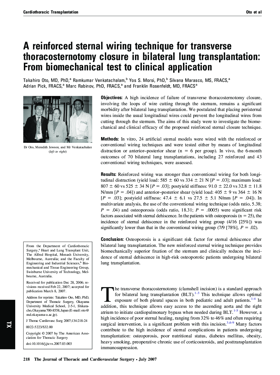 A reinforced sternal wiring technique for transverse thoracosternotomy closure in bilateral lung transplantation: From biomechanical test to clinical application