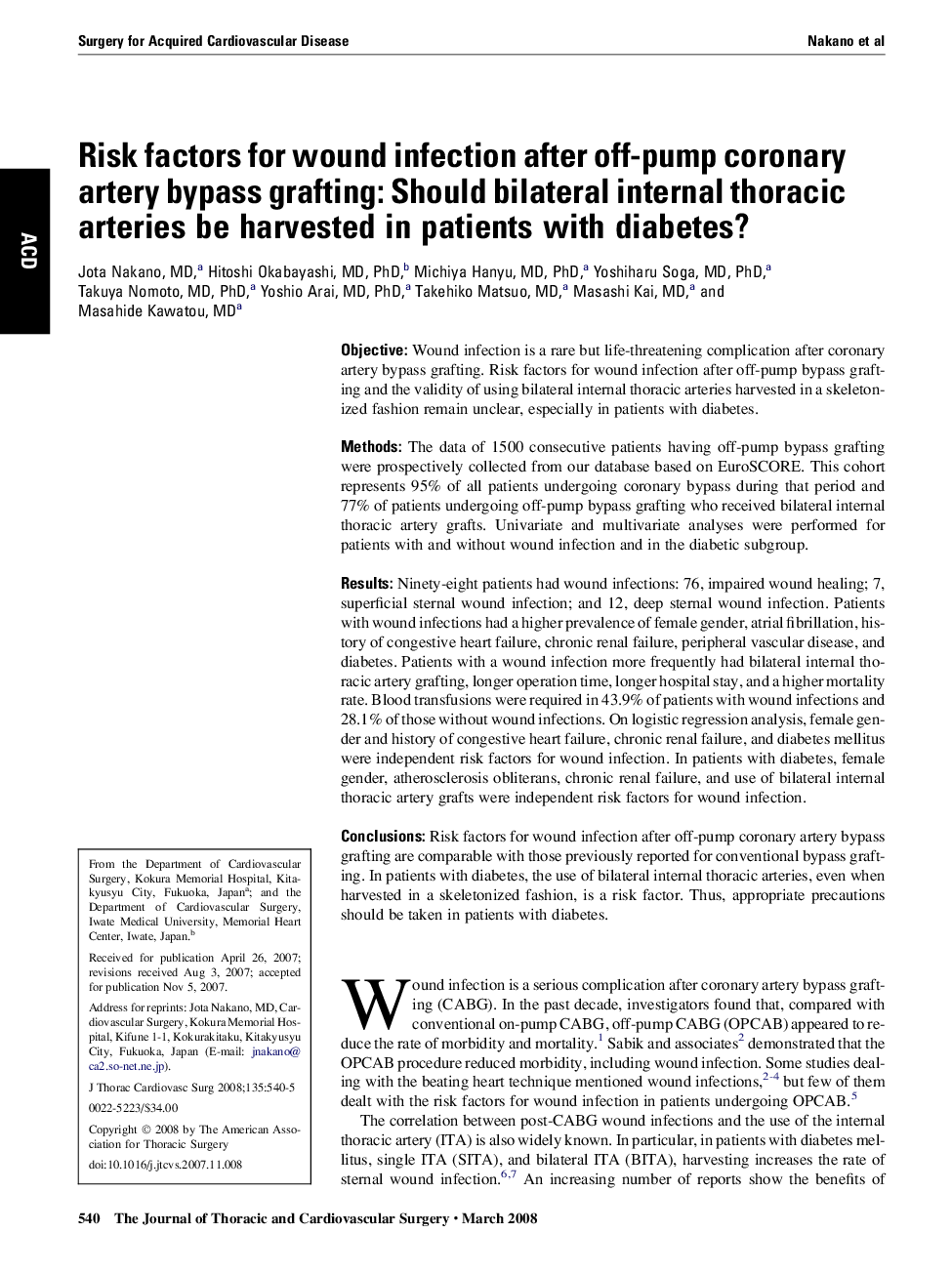 Risk factors for wound infection after off-pump coronary artery bypass grafting: Should bilateral internal thoracic arteries be harvested in patients with diabetes?