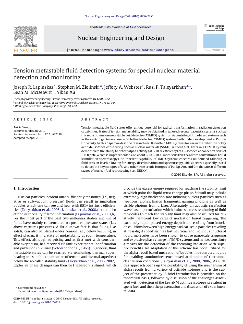 عکس صفحه اول مقاله: Tension metastable fluid detection systems for special nuclear material detection and monitoring Tension metastable fluid detection systems for special nuclear material detection and monitoring