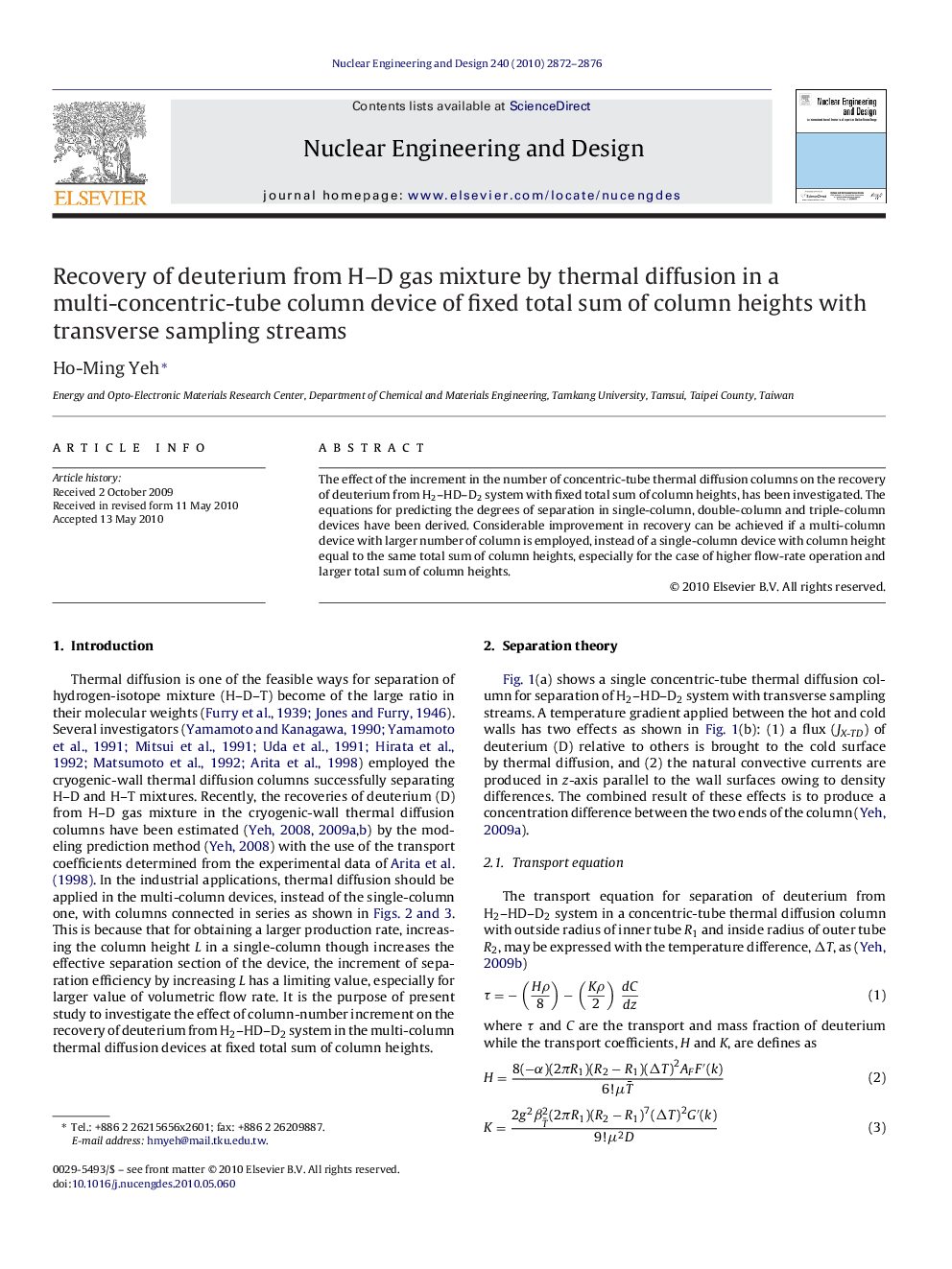 Recovery of deuterium from H–D gas mixture by thermal diffusion in a multi-concentric-tube column device of fixed total sum of column heights with transverse sampling streams