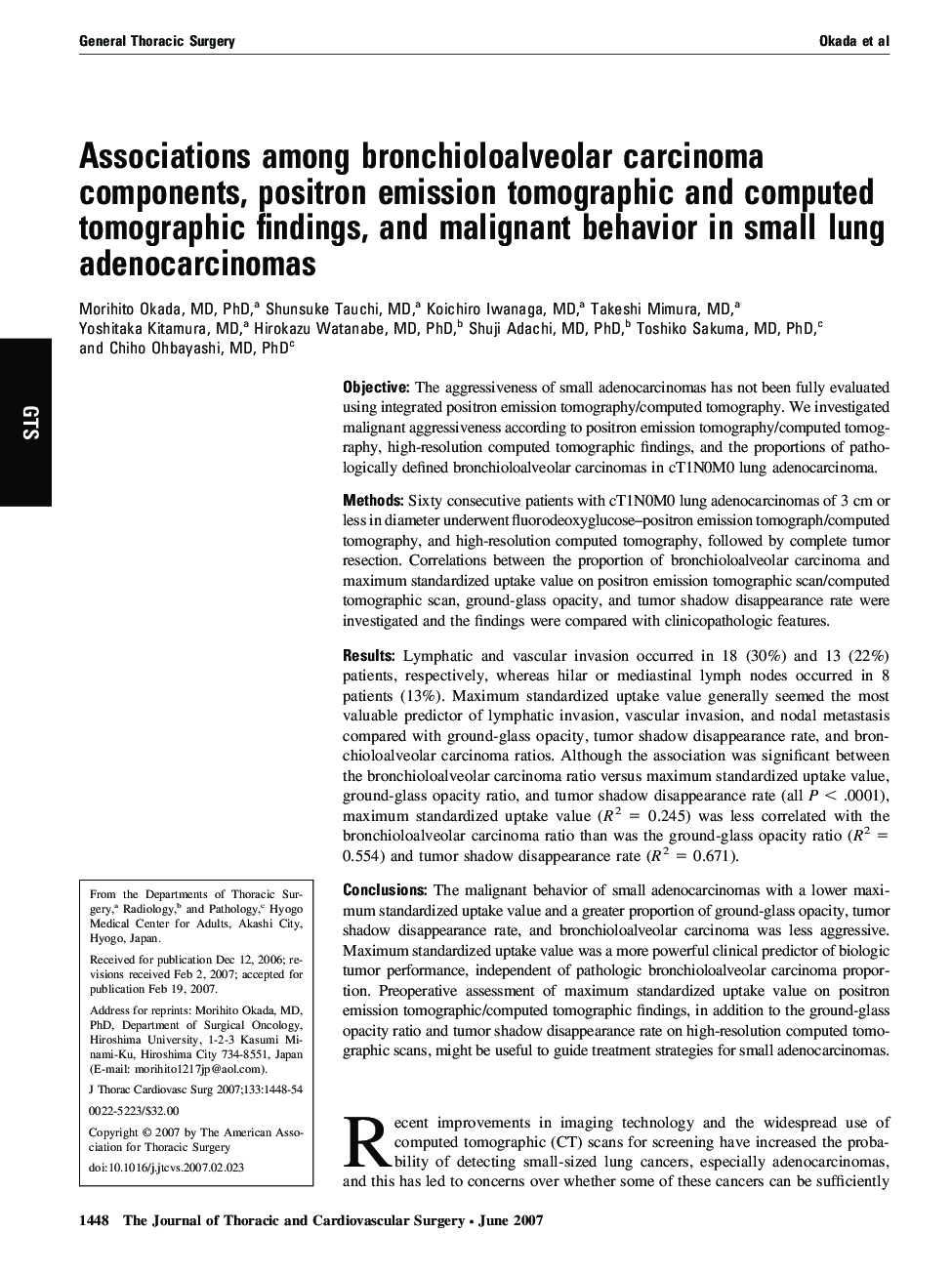 Associations among bronchioloalveolar carcinoma components, positron emission tomographic and computed tomographic findings, and malignant behavior in small lung adenocarcinomas