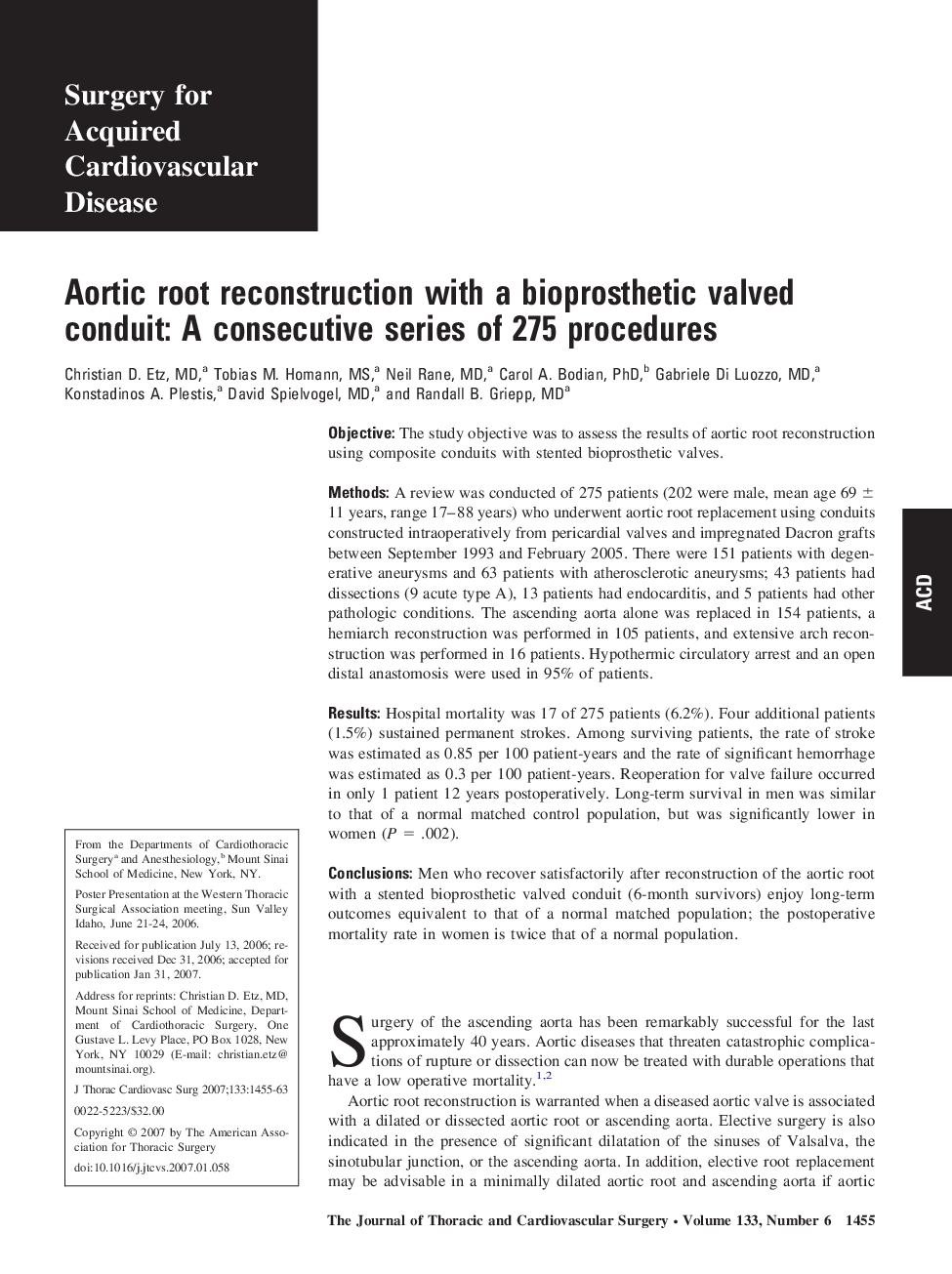 Aortic root reconstruction with a bioprosthetic valved conduit: A consecutive series of 275 procedures