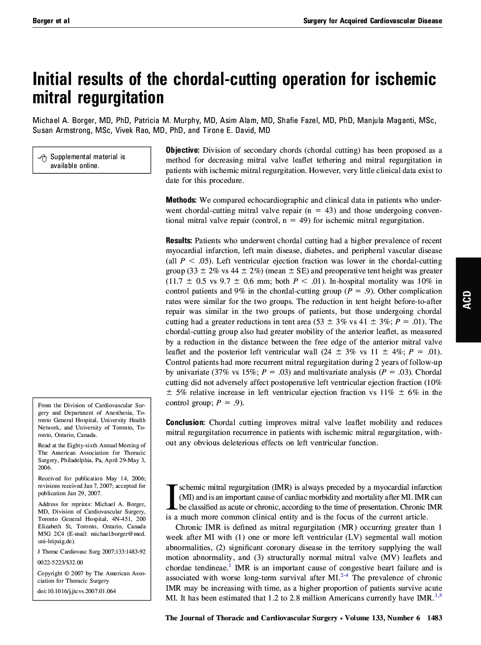 Initial results of the chordal-cutting operation for ischemic mitral regurgitation