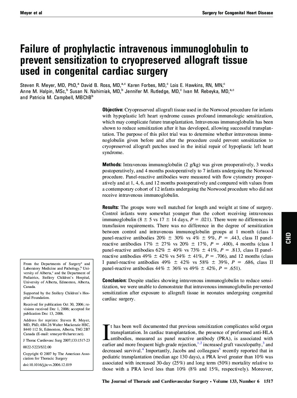 Failure of prophylactic intravenous immunoglobulin to prevent sensitization to cryopreserved allograft tissue used in congenital cardiac surgery 