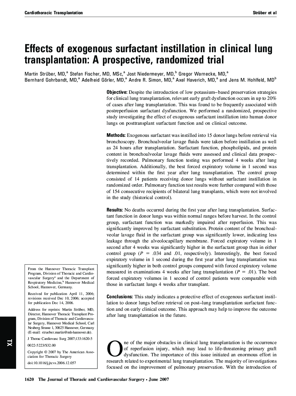 Effects of exogenous surfactant instillation in clinical lung transplantation: A prospective, randomized trial