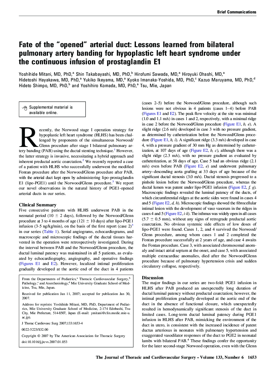 Fate of the “opened” arterial duct: Lessons learned from bilateral pulmonary artery banding for hypoplastic left heart syndrome under the continuous infusion of prostaglandin E1