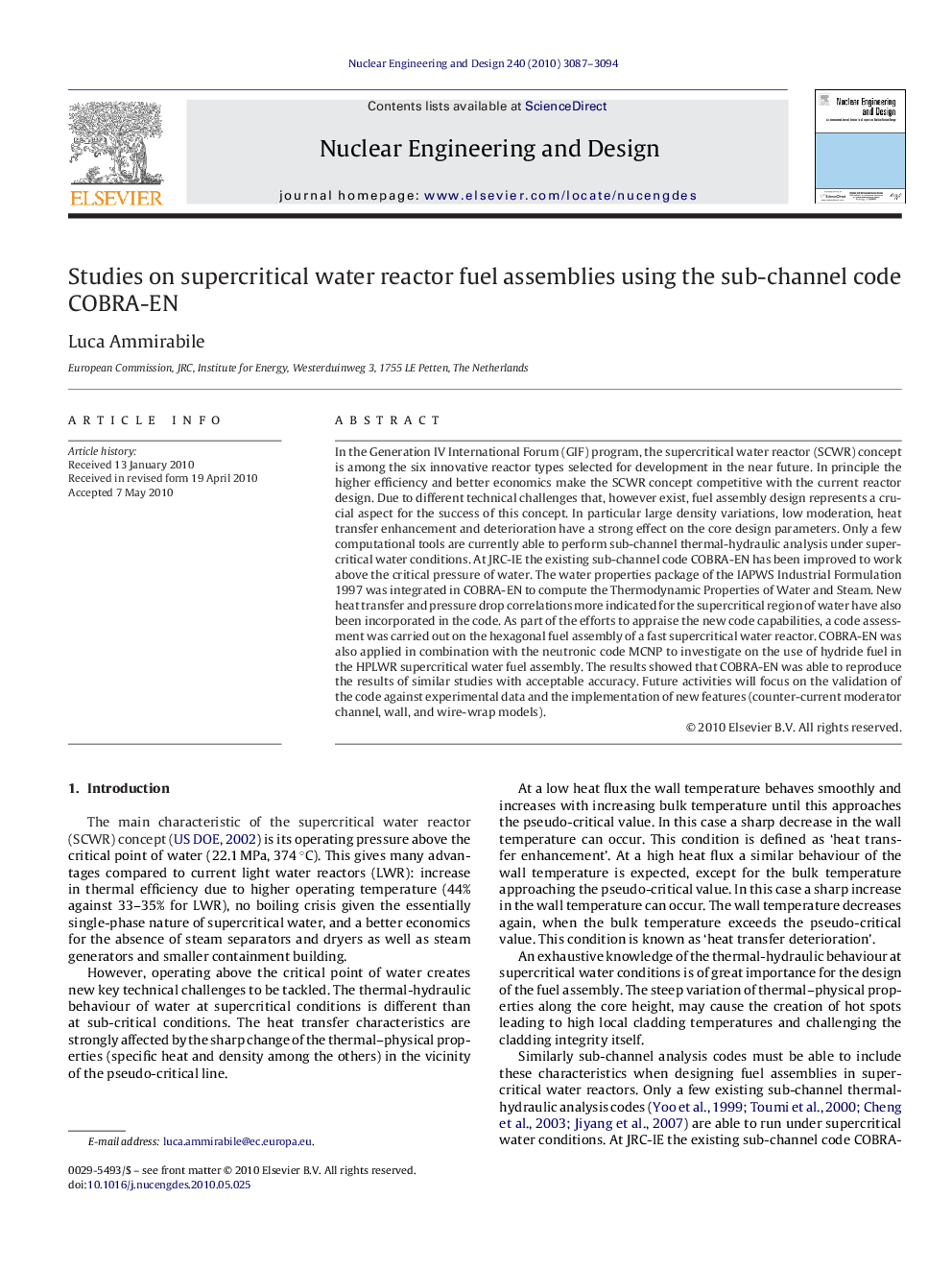 Studies on supercritical water reactor fuel assemblies using the sub-channel code COBRA-EN