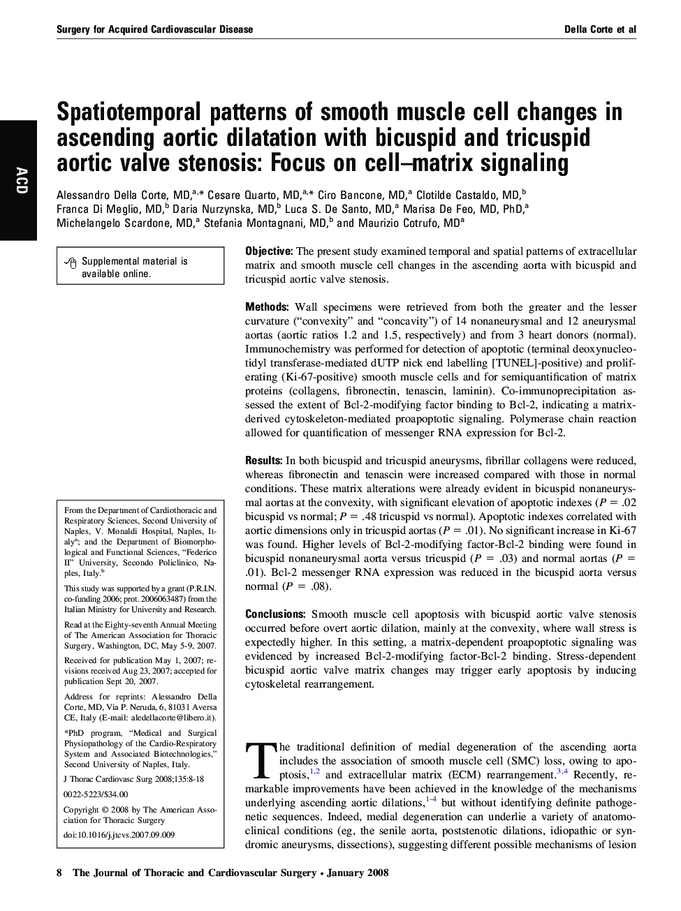 Spatiotemporal patterns of smooth muscle cell changes in ascending aortic dilatation with bicuspid and tricuspid aortic valve stenosis: Focus on cell-matrix signaling