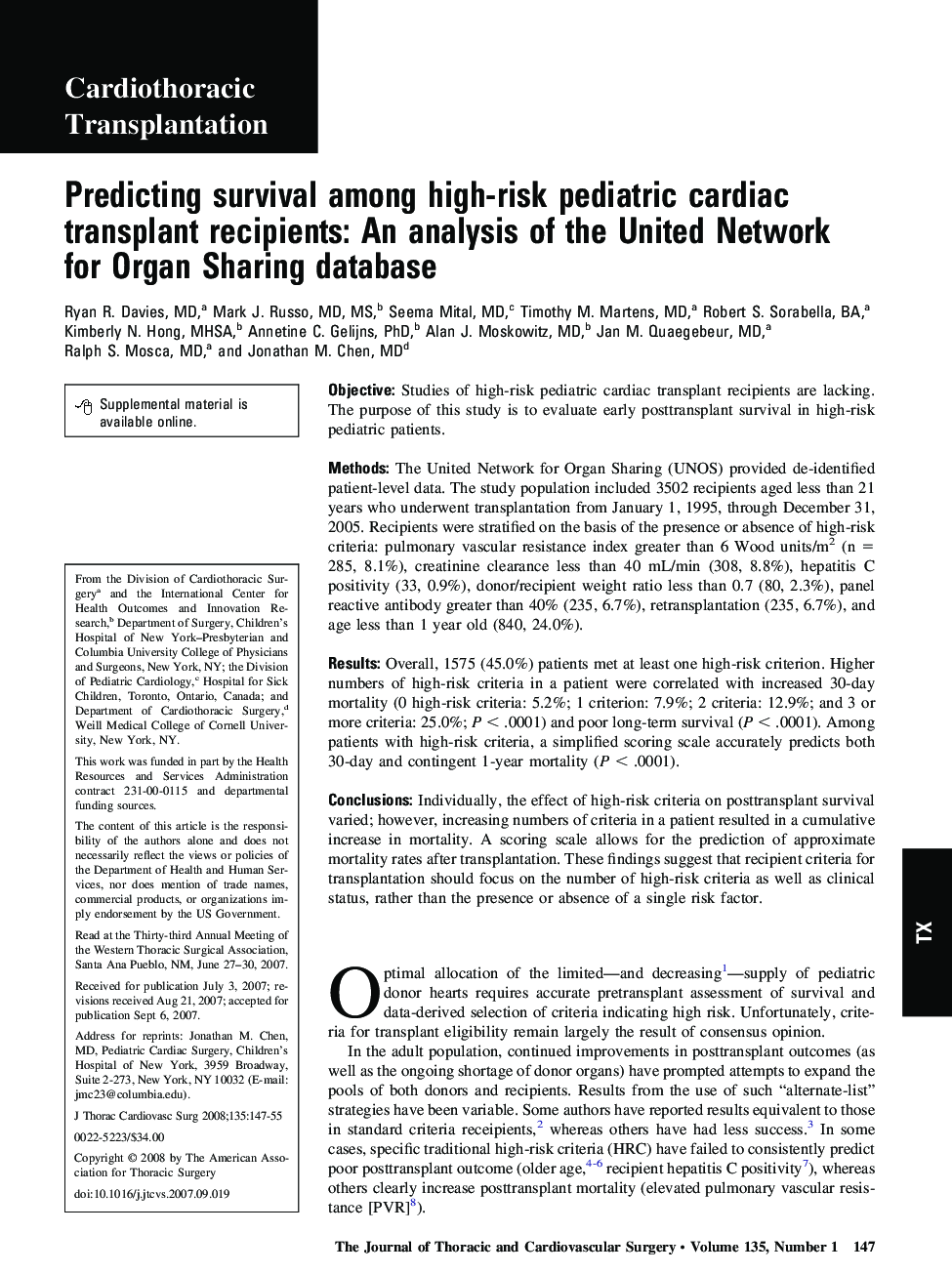 Predicting survival among high-risk pediatric cardiac transplant recipients: An analysis of the United Network for Organ Sharing database