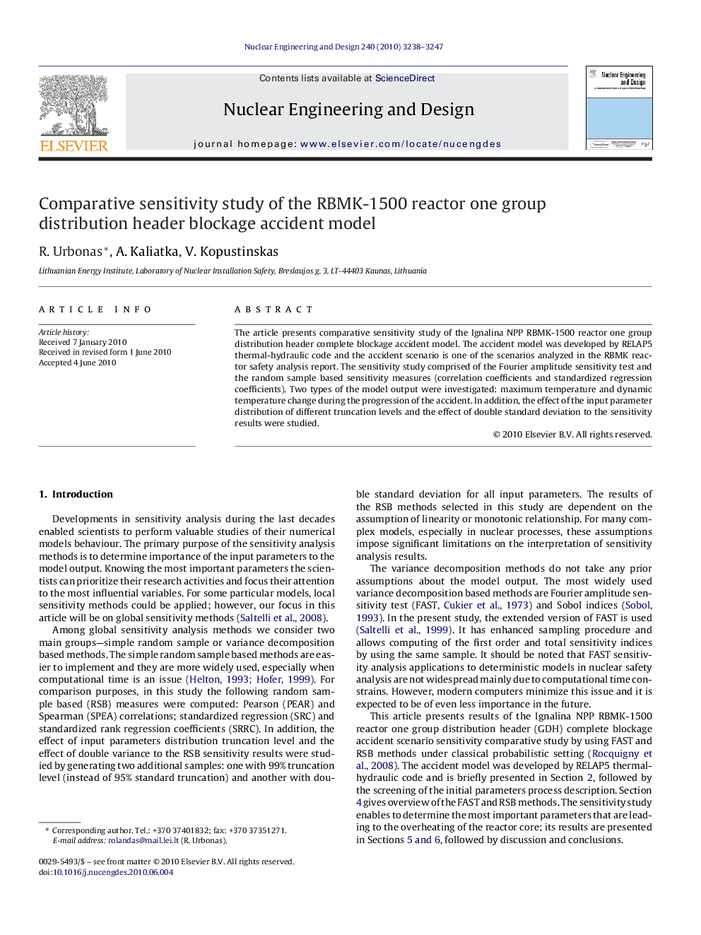 Comparative sensitivity study of the RBMK-1500 reactor one group distribution header blockage accident model