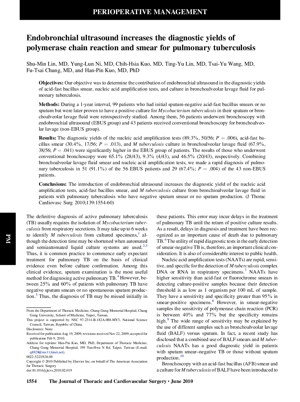 Endobronchial ultrasound increases the diagnostic yields of polymerase chain reaction and smear for pulmonary tuberculosis 