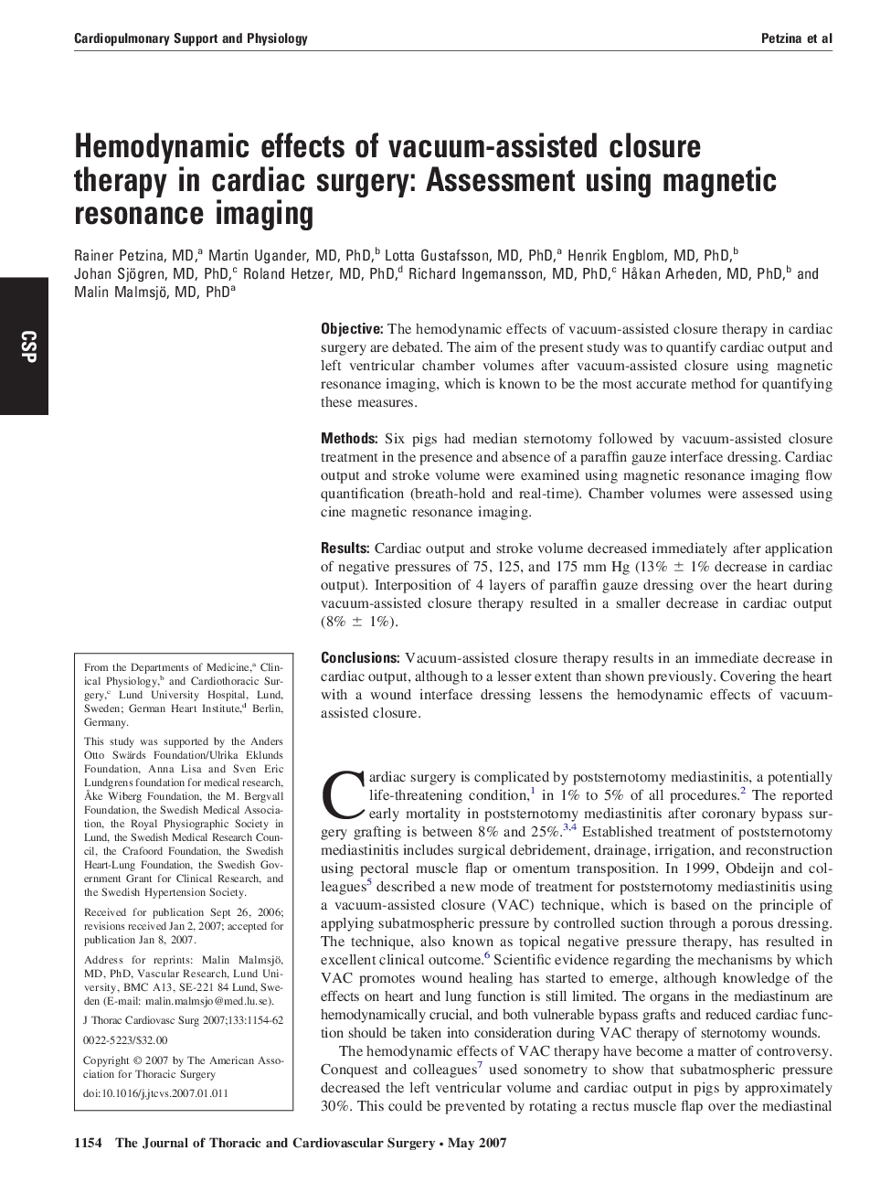 Hemodynamic effects of vacuum-assisted closure therapy in cardiac surgery: Assessment using magnetic resonance imaging 