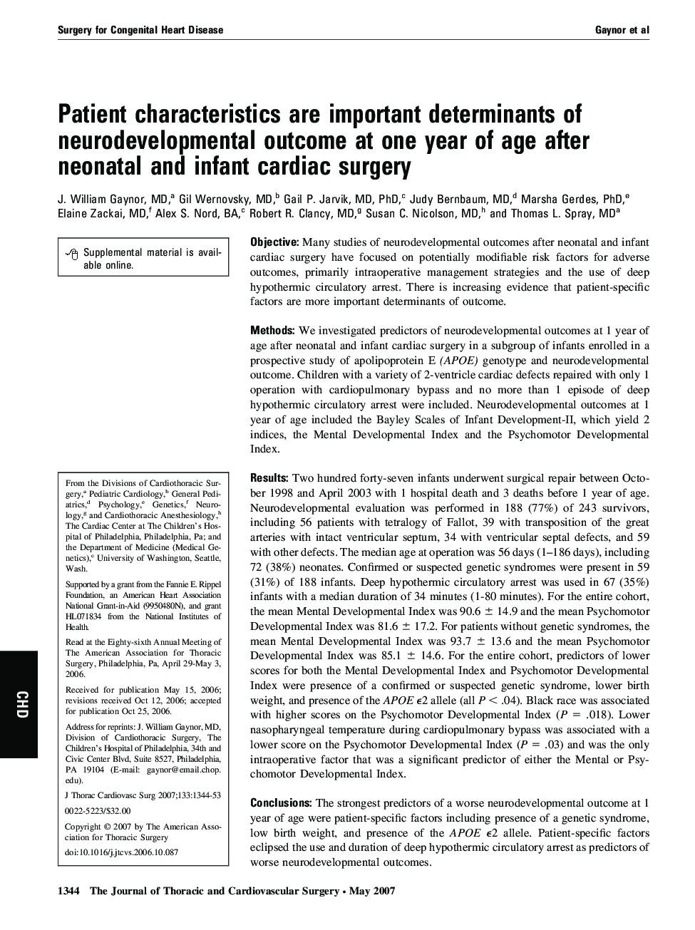 Patient characteristics are important determinants of neurodevelopmental outcome at one year of age after neonatal and infant cardiac surgery