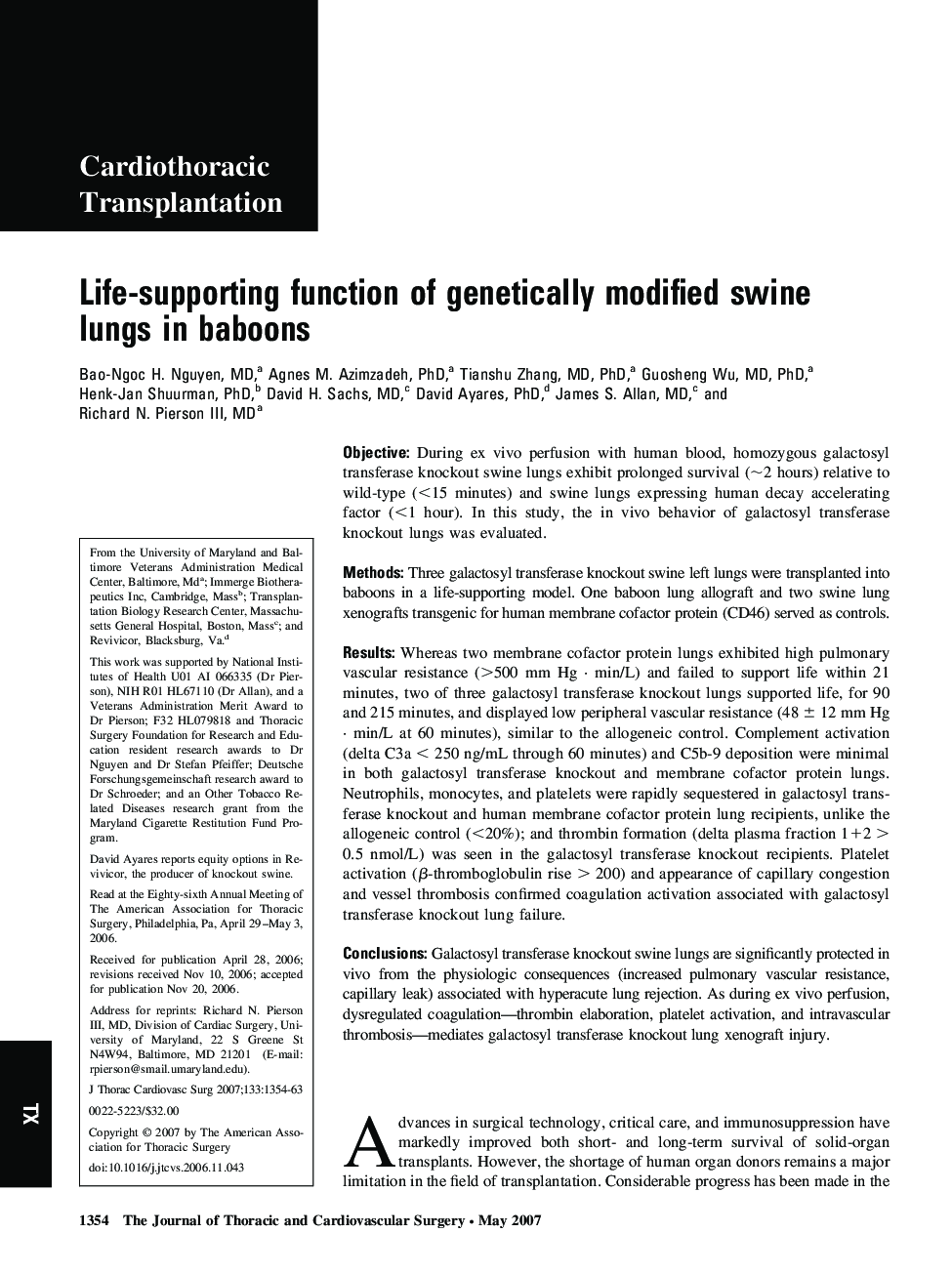 Life-supporting function of genetically modified swine lungs in baboons 