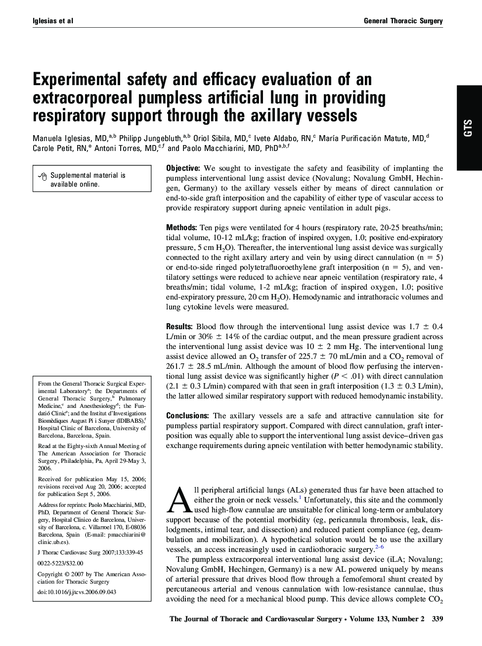 Experimental safety and efficacy evaluation of an extracorporeal pumpless artificial lung in providing respiratory support through the axillary vessels