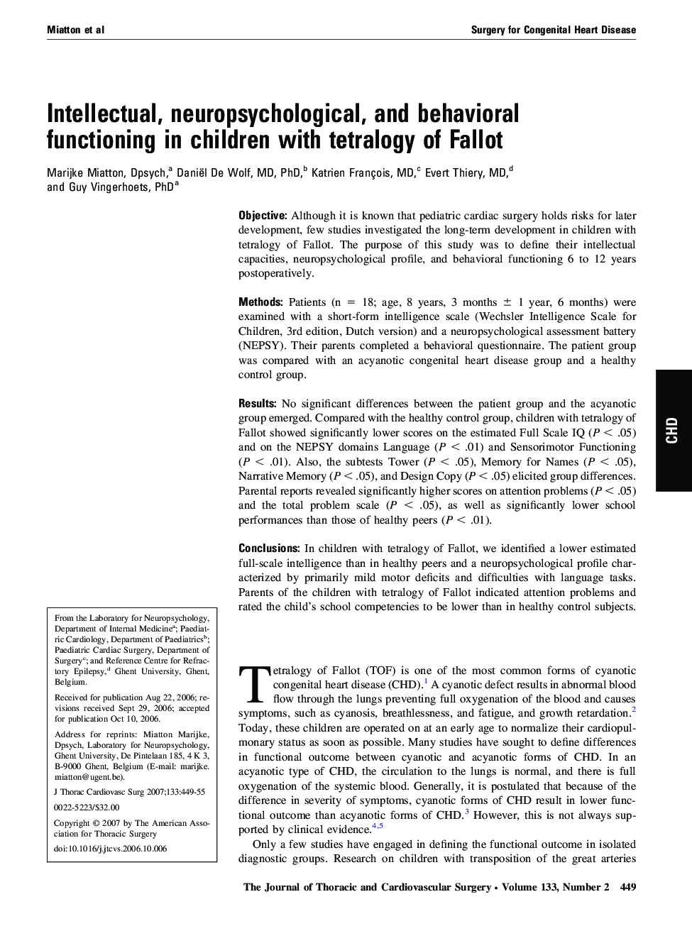 Intellectual, neuropsychological, and behavioral functioning in children with tetralogy of Fallot