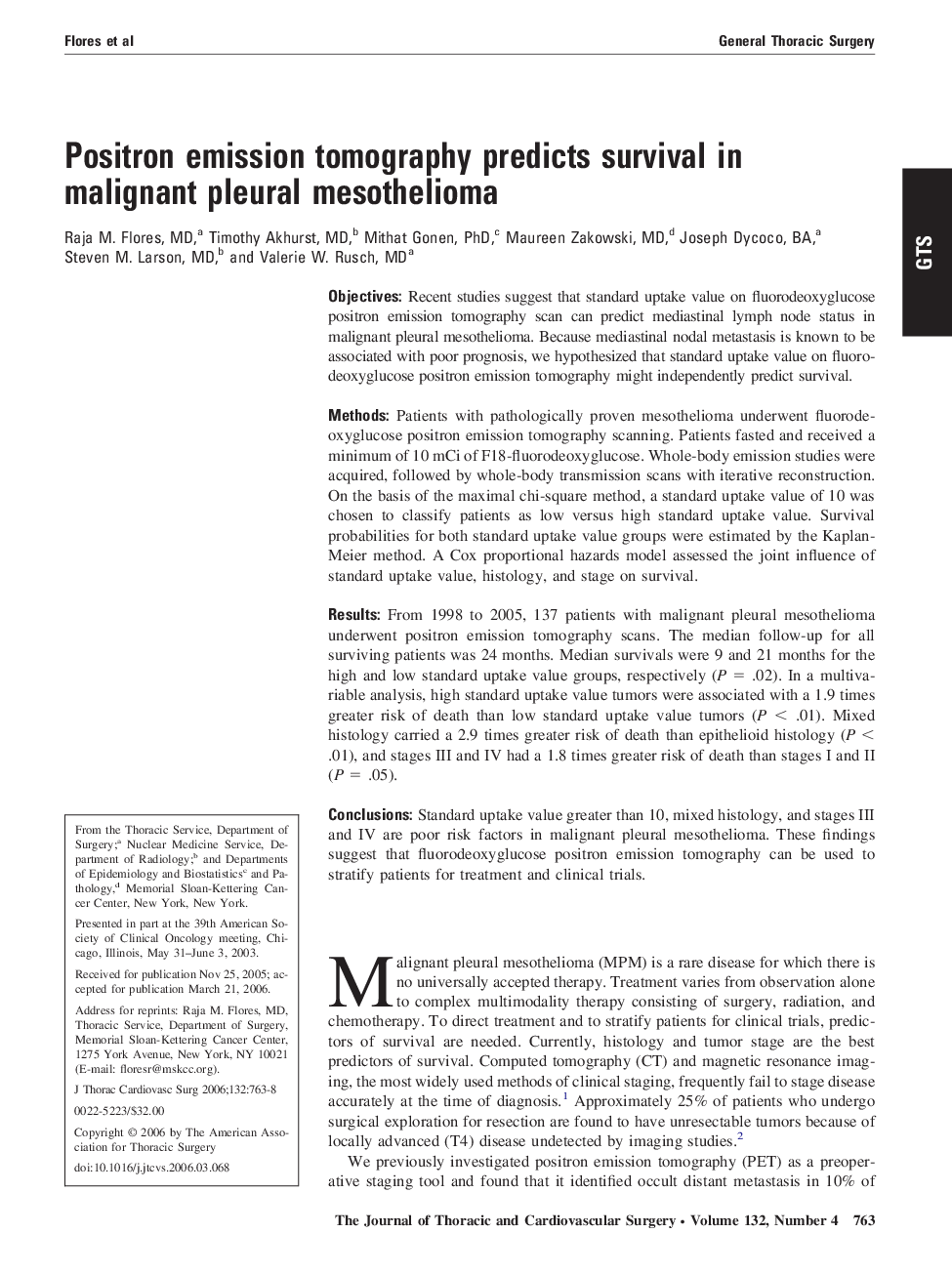 Positron emission tomography predicts survival in malignant pleural mesothelioma