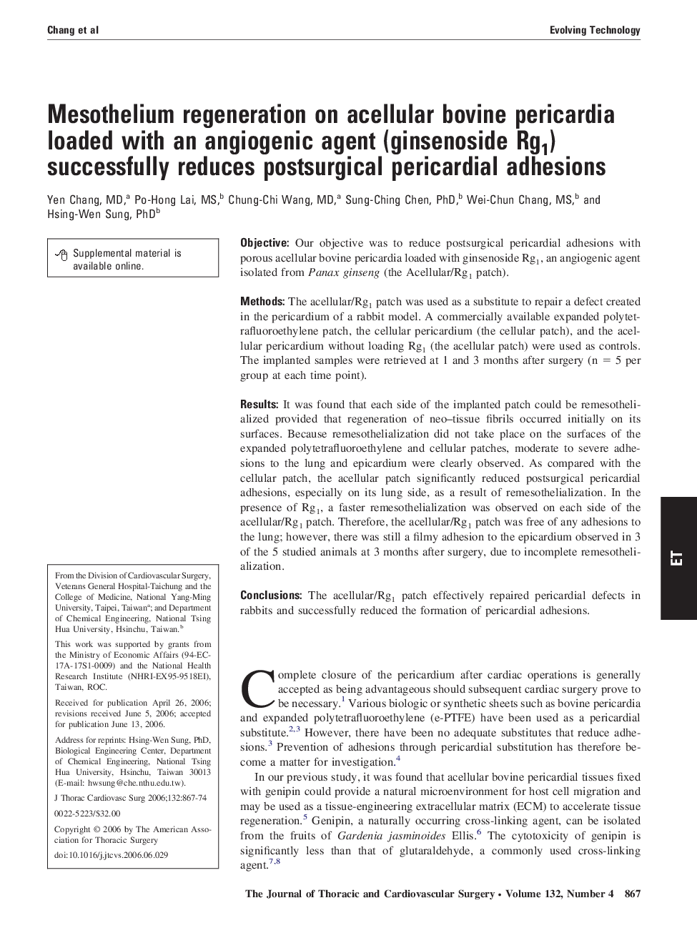 Mesothelium regeneration on acellular bovine pericardia loaded with an angiogenic agent (ginsenoside Rg1) successfully reduces postsurgical pericardial adhesions