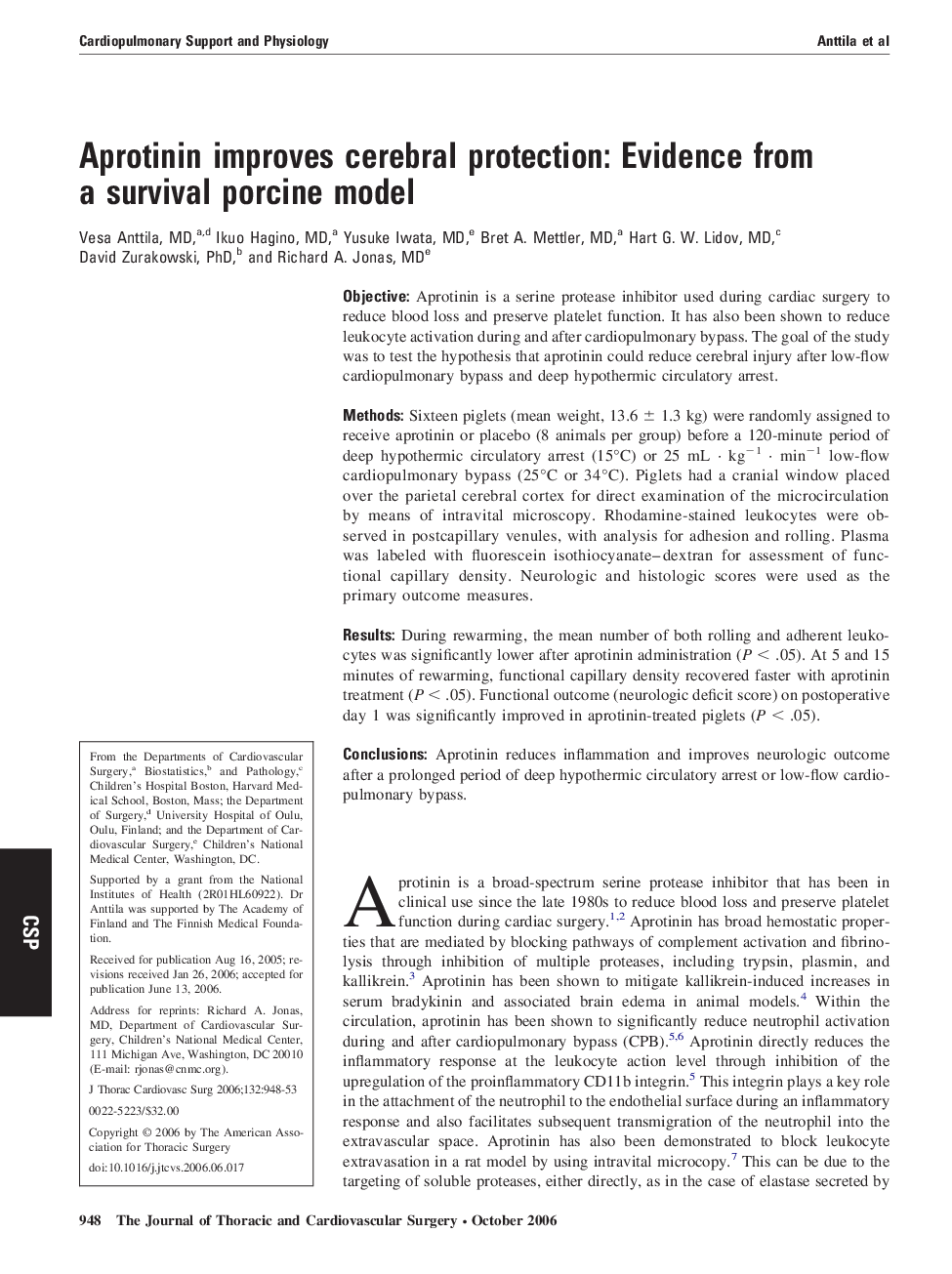 Aprotinin improves cerebral protection: Evidence from a survival porcine model