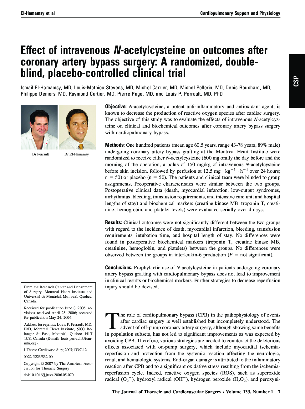 Effect of intravenous N-acetylcysteine on outcomes after coronary artery bypass surgery: A randomized, double-blind, placebo-controlled clinical trial