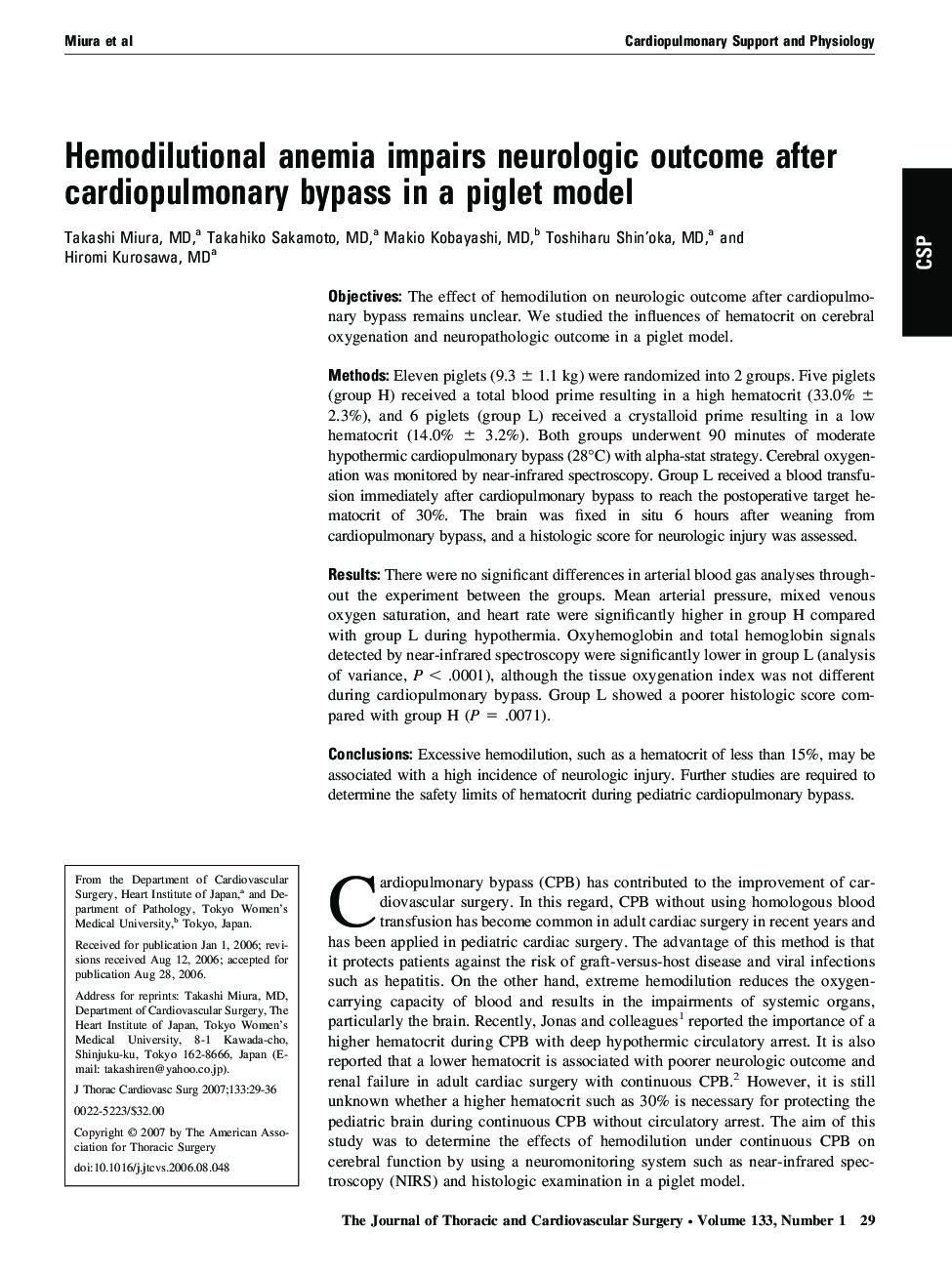 Hemodilutional anemia impairs neurologic outcome after cardiopulmonary bypass in a piglet model