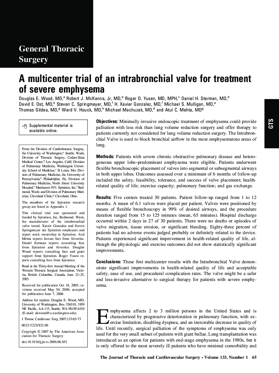 A multicenter trial of an intrabronchial valve for treatment of severe emphysema