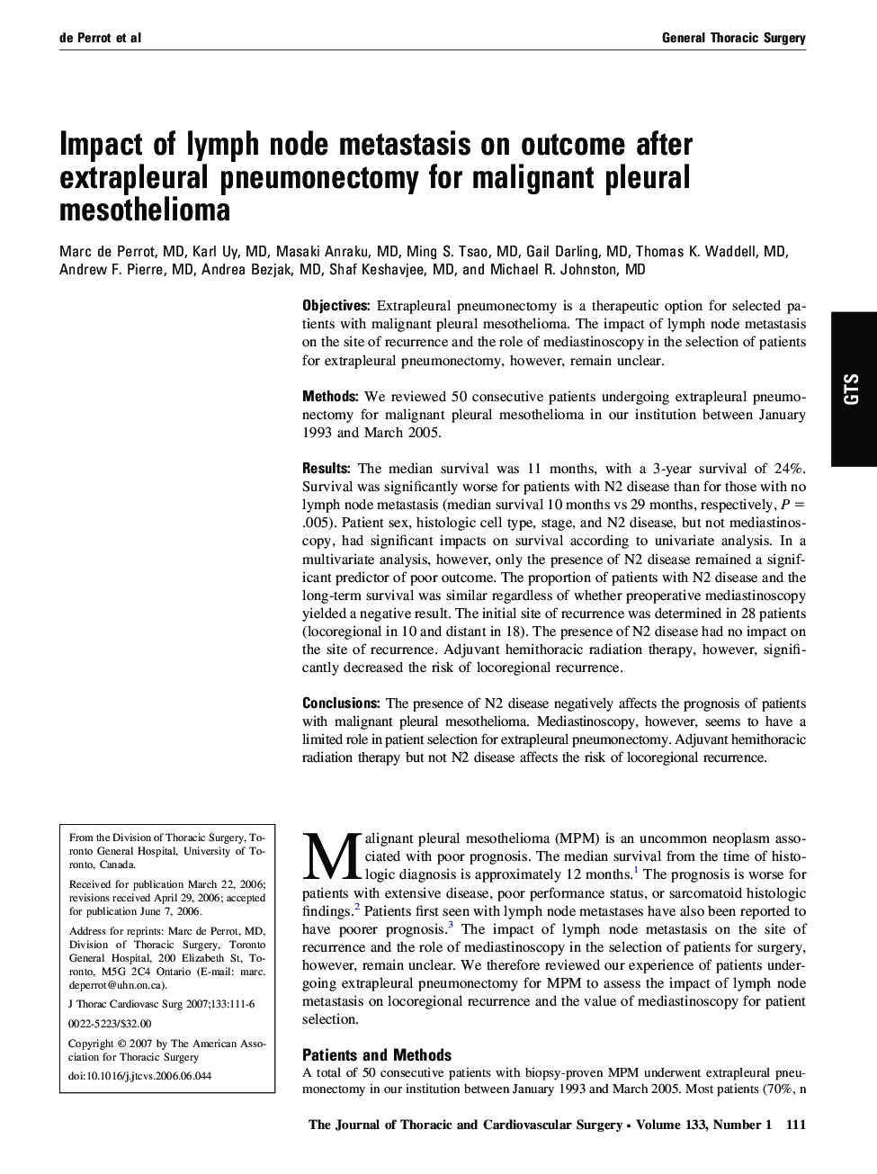 Impact of lymph node metastasis on outcome after extrapleural pneumonectomy for malignant pleural mesothelioma