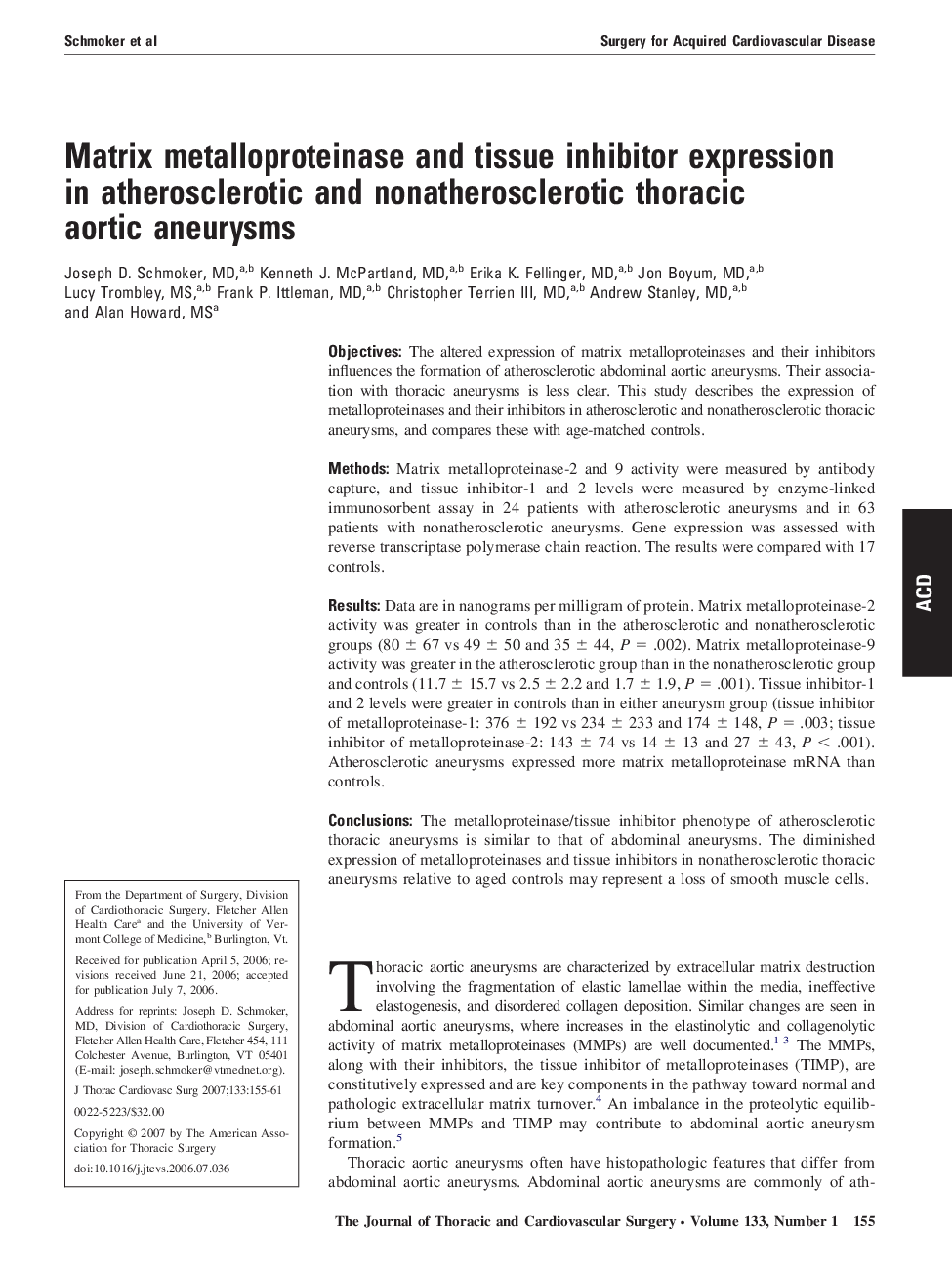 Matrix metalloproteinase and tissue inhibitor expression in atherosclerotic and nonatherosclerotic thoracic aortic aneurysms