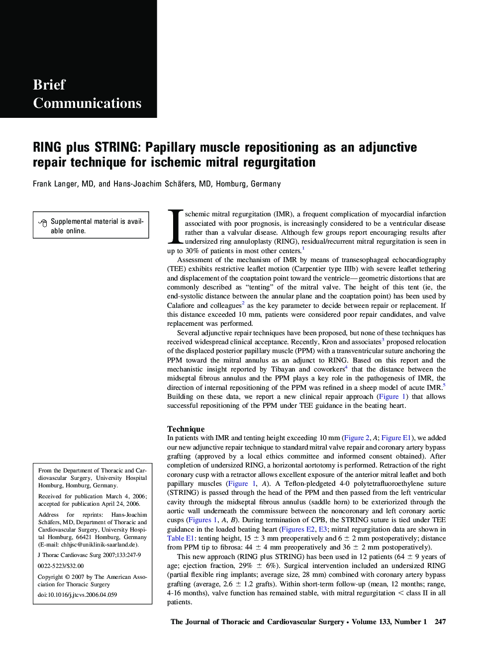 RING plus STRING: Papillary muscle repositioning as an adjunctive repair technique for ischemic mitral regurgitation