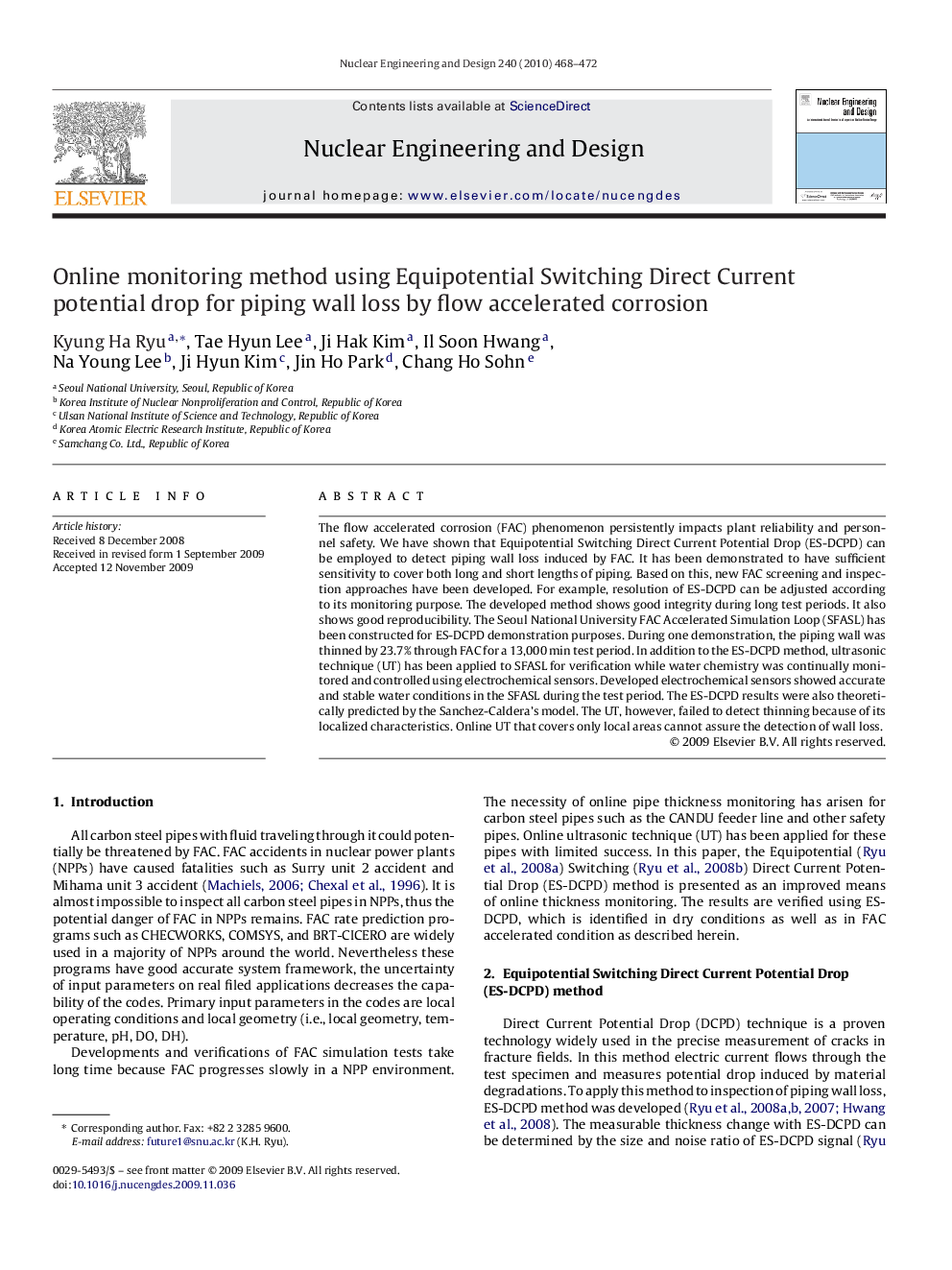 Online monitoring method using Equipotential Switching Direct Current potential drop for piping wall loss by flow accelerated corrosion
