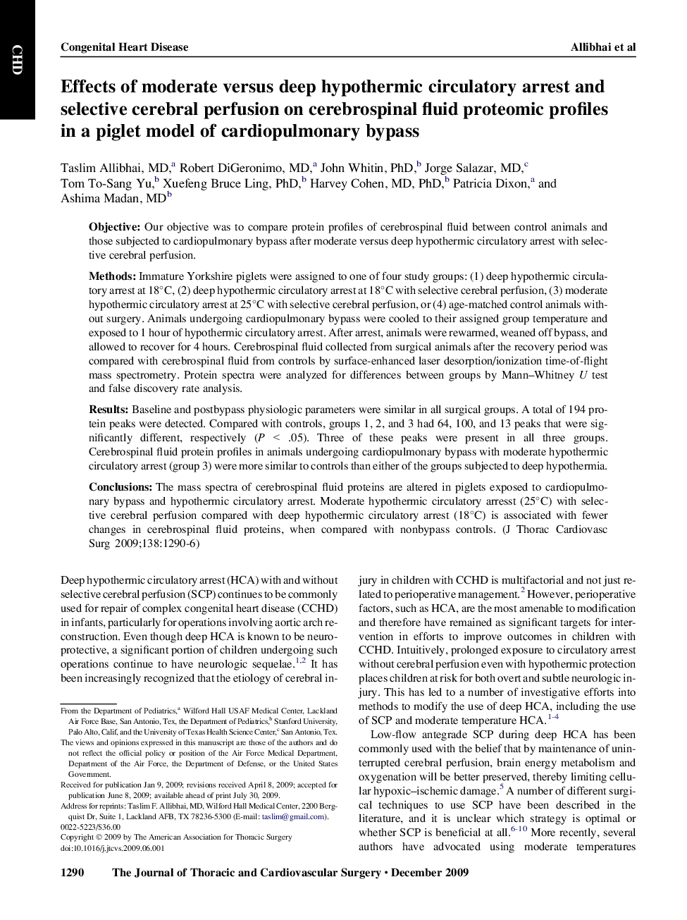 Effects of moderate versus deep hypothermic circulatory arrest and selective cerebral perfusion on cerebrospinal fluid proteomic profiles in a piglet model of cardiopulmonary bypass 