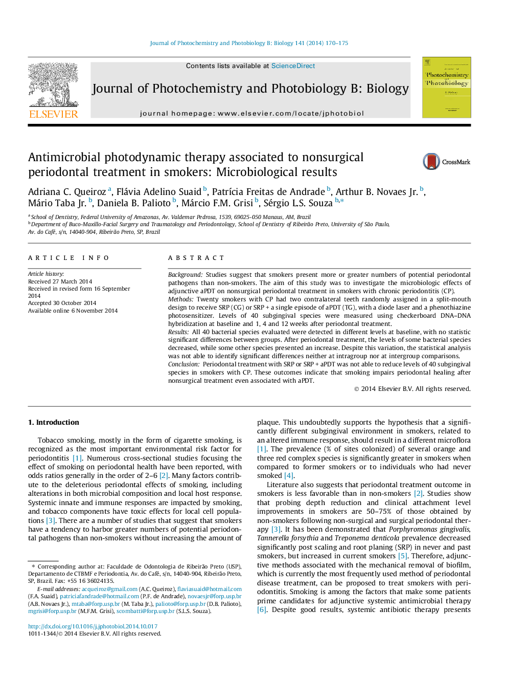 Antimicrobial photodynamic therapy associated to nonsurgical periodontal treatment in smokers: Microbiological results