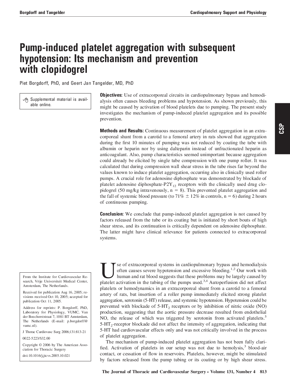 Pump-induced platelet aggregation with subsequent hypotension: Its mechanism and prevention with clopidogrel