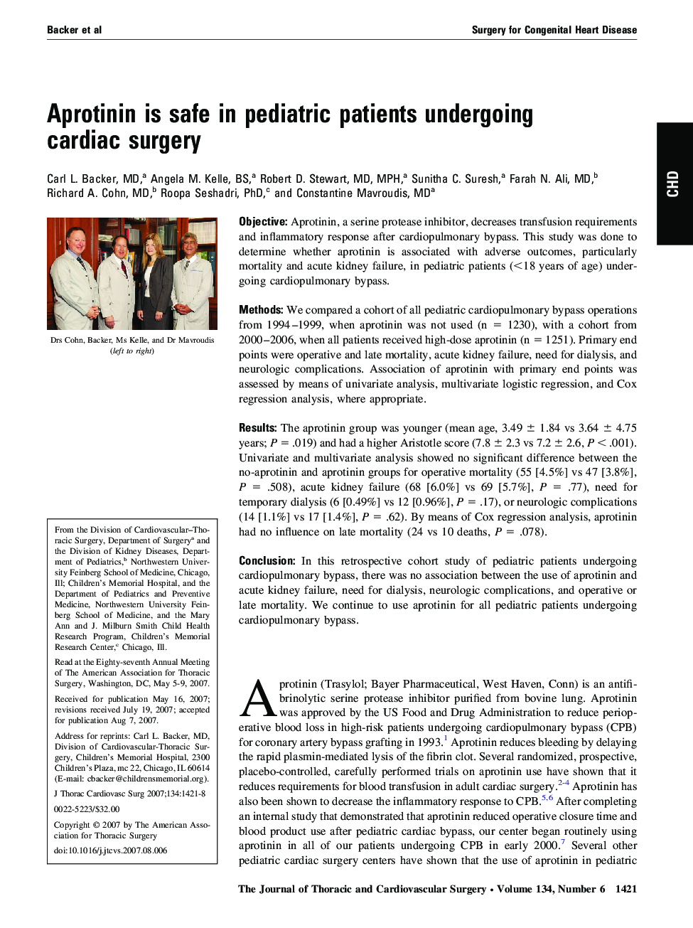 Aprotinin is safe in pediatric patients undergoing cardiac surgery