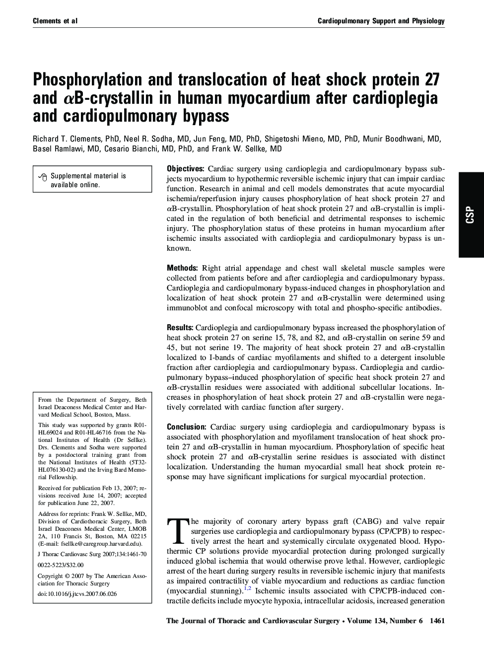 Phosphorylation and translocation of heat shock protein 27 and Î±B-crystallin in human myocardium after cardioplegia and cardiopulmonary bypass