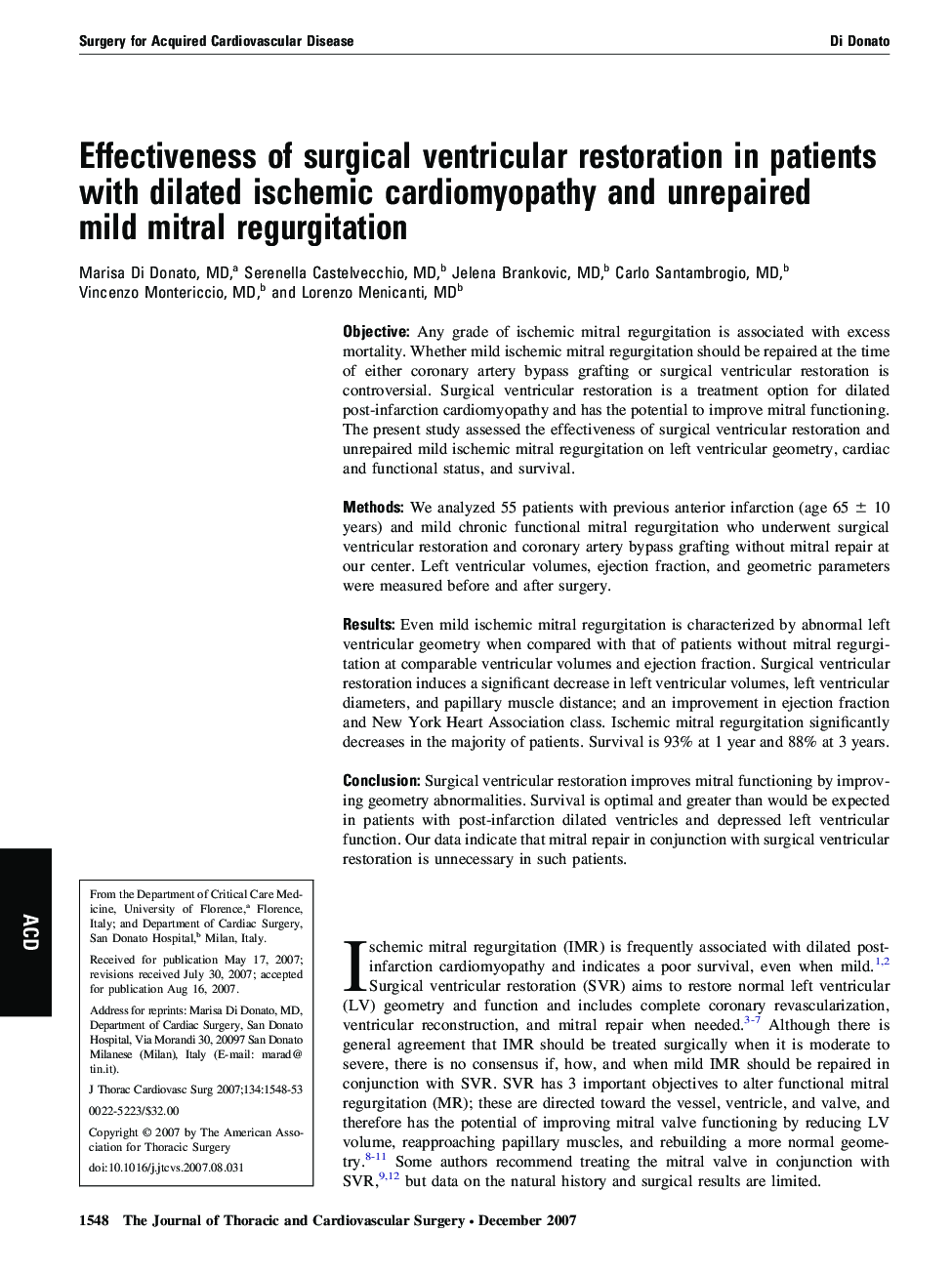 Effectiveness of surgical ventricular restoration in patients with dilated ischemic cardiomyopathy and unrepaired mild mitral regurgitation