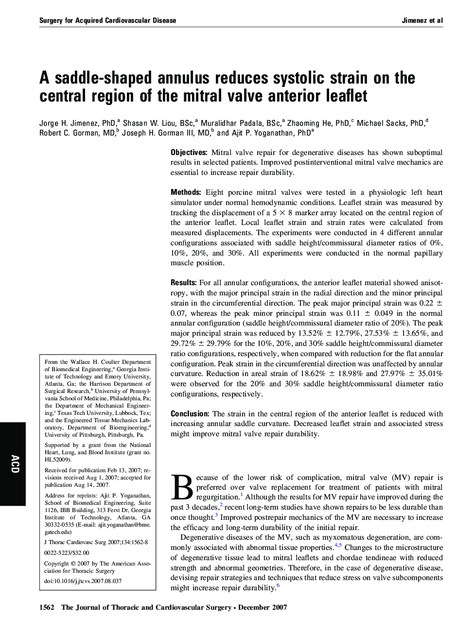 A saddle-shaped annulus reduces systolic strain on the central region of the mitral valve anterior leaflet 