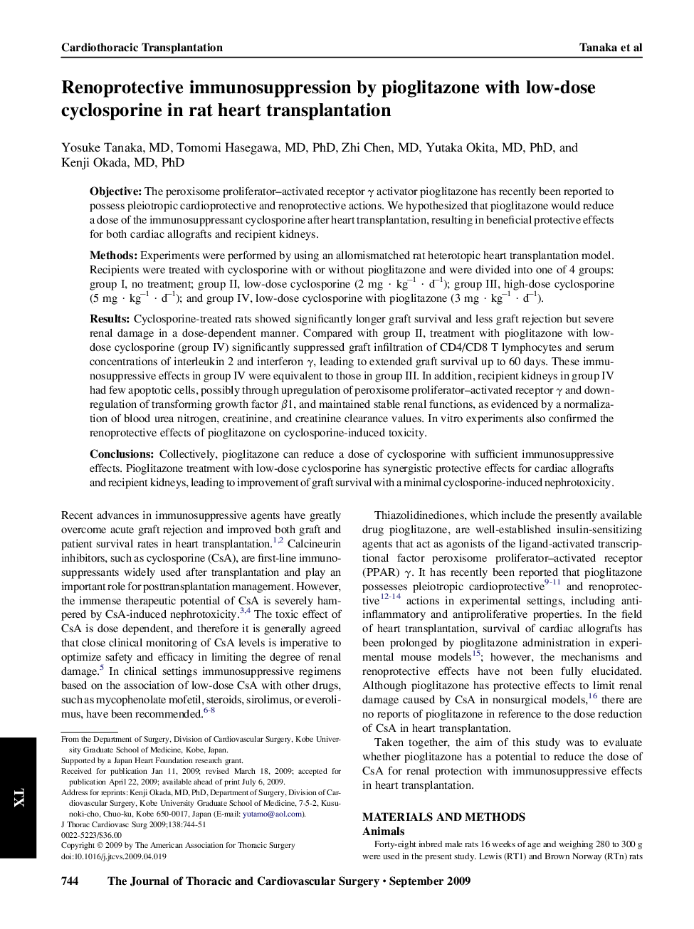 Renoprotective immunosuppression by pioglitazone with low-dose cyclosporine in rat heart transplantation 