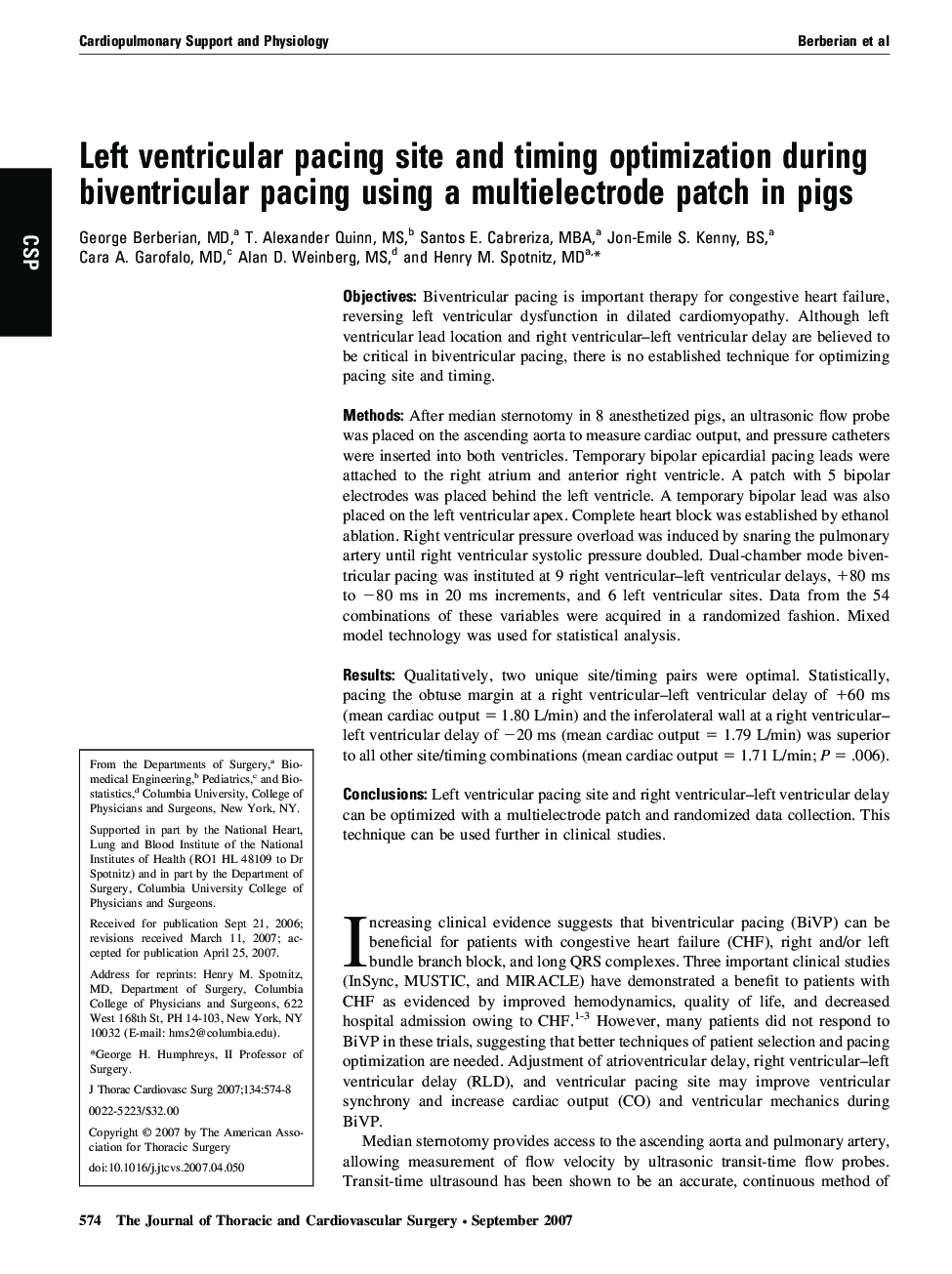 Left ventricular pacing site and timing optimization during biventricular pacing using a multielectrode patch in pigs 